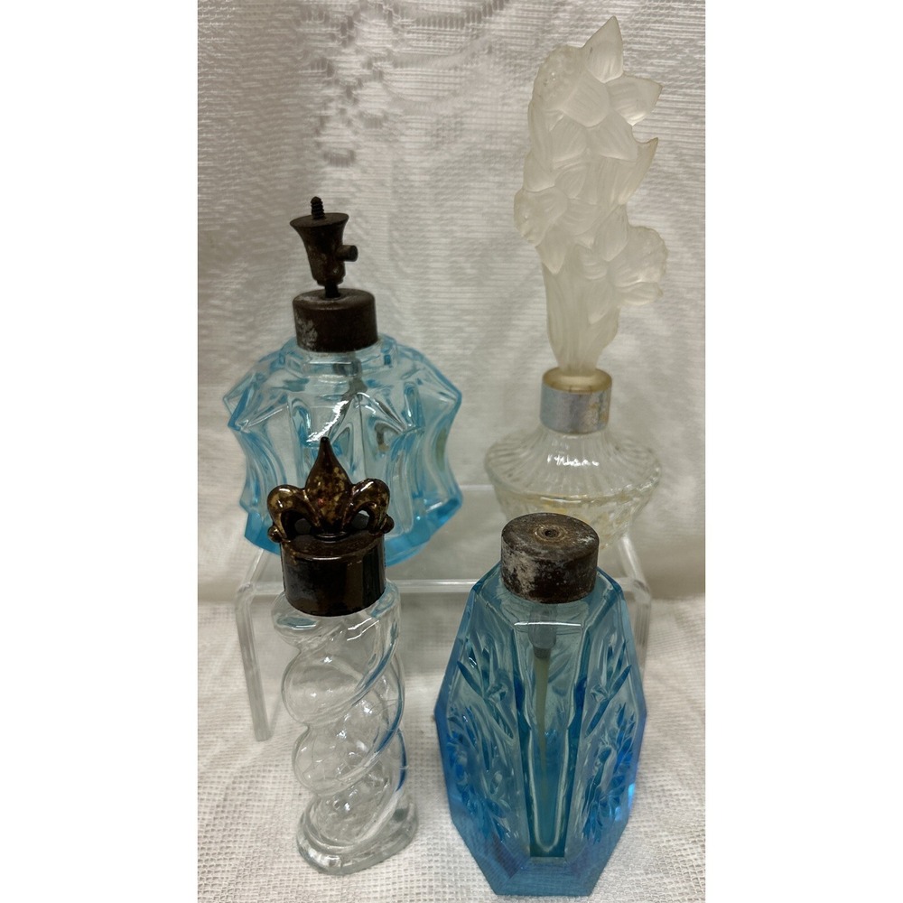 4 Vintage‎ Glass Perfume Floral, One Avon, Two Blue Glass One Spiral, Need Tops